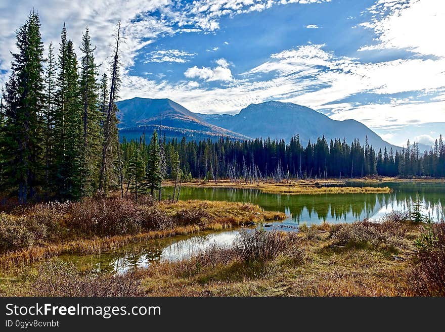 A landscape from a forest with lake and mountains in the distance. A landscape from a forest with lake and mountains in the distance.