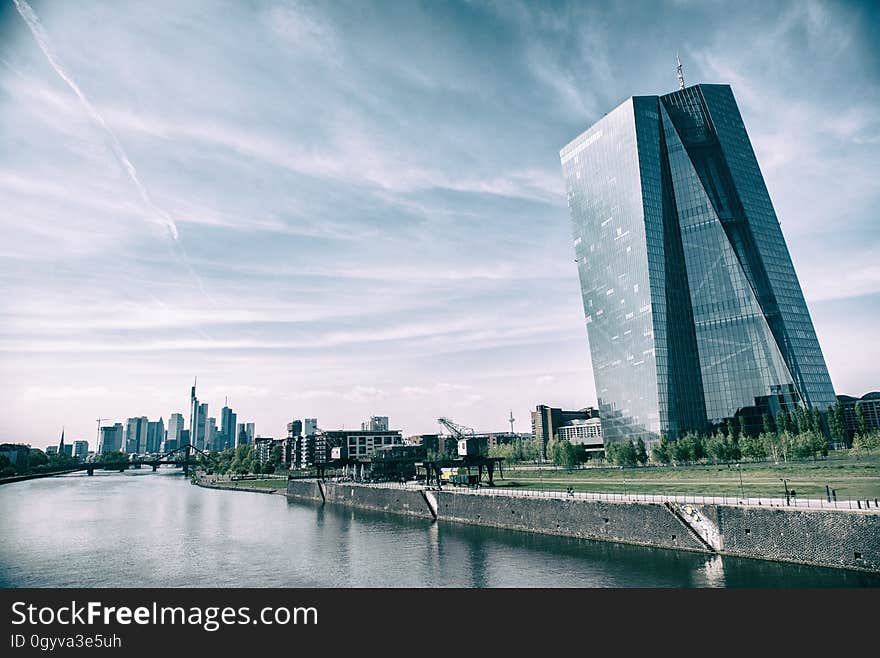 European Central Bank building seen from der Alte Mainbrücke in Frankfurt am Main.