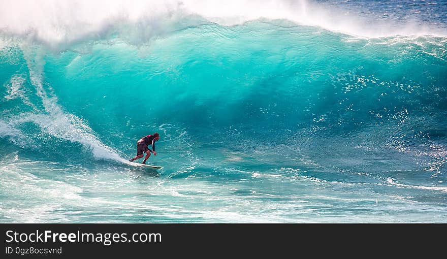 A surfer hitting the waves.