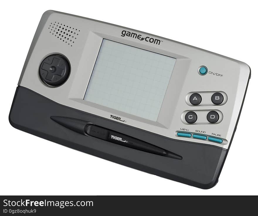 A handheld portable gaming device on white background. A handheld portable gaming device on white background.