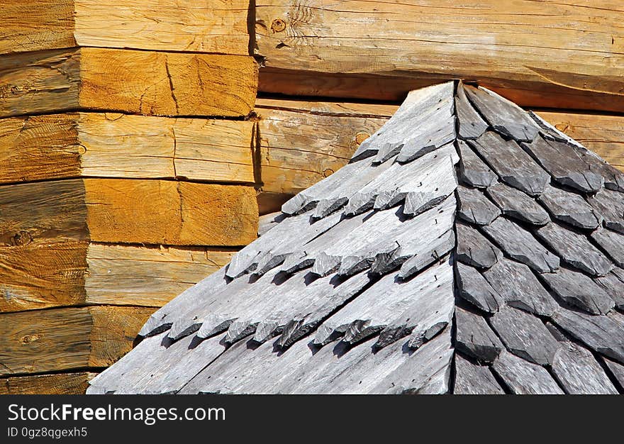 Wall and roof of beautiful log house