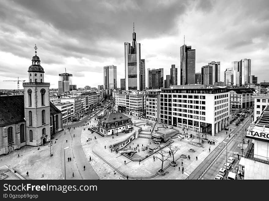 Aerial view over downtown Frankfurt, Germany in black and white.