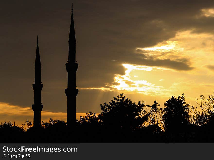 Sky, Tower, Sunset, Silhouette