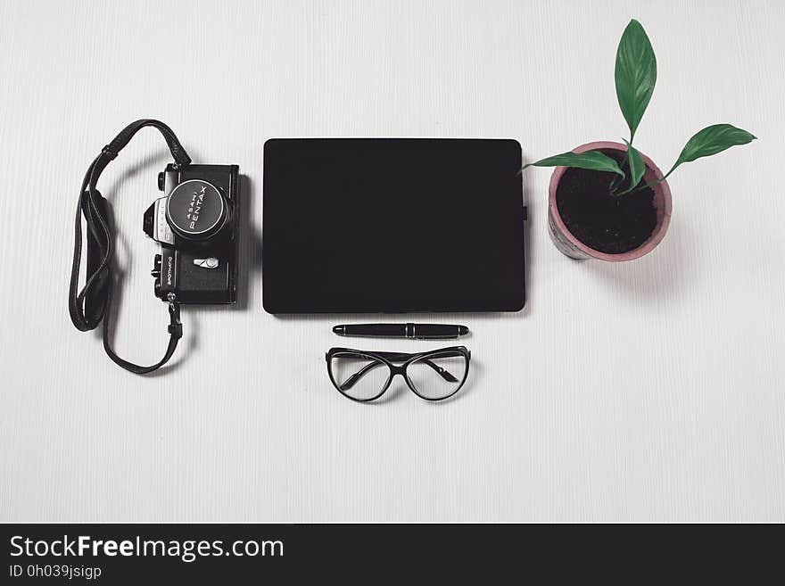 Still life with camera, tablet, eyeglasses, pen and potted plant on desktop. Still life with camera, tablet, eyeglasses, pen and potted plant on desktop.