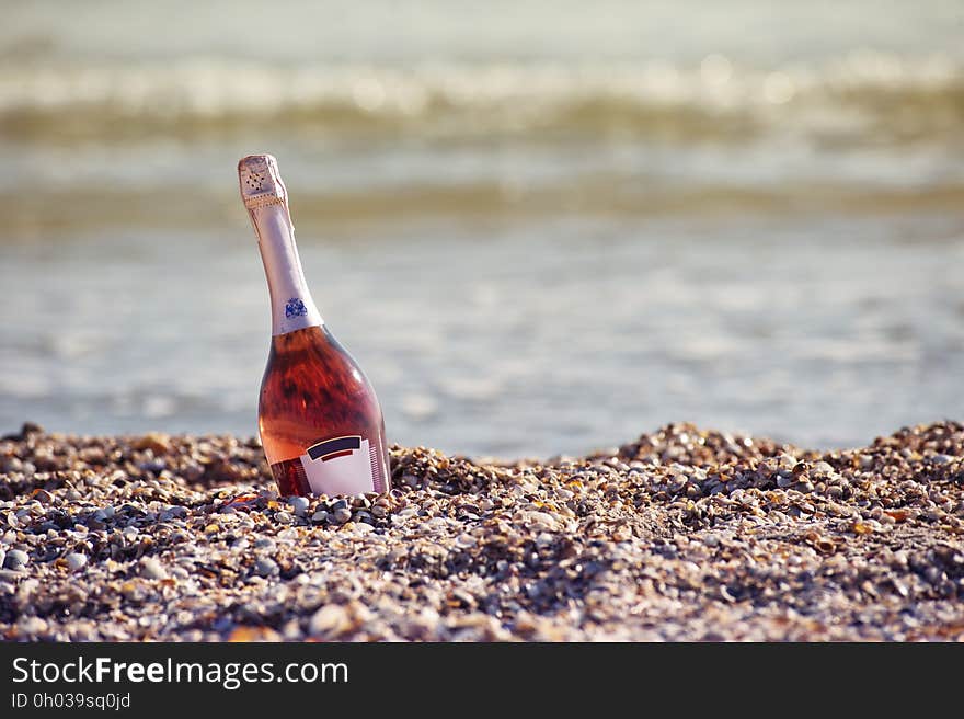 Bottle of sparkling wine in sand on beach on sunny day. Bottle of sparkling wine in sand on beach on sunny day.