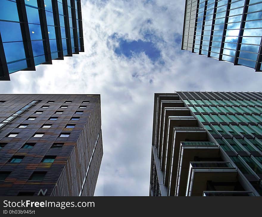 A street level view of downtown buildings.