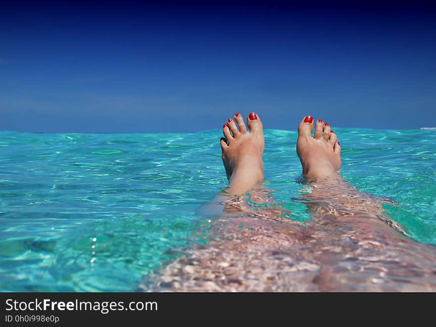 The feet of a woman floating in blue sea. The feet of a woman floating in blue sea.