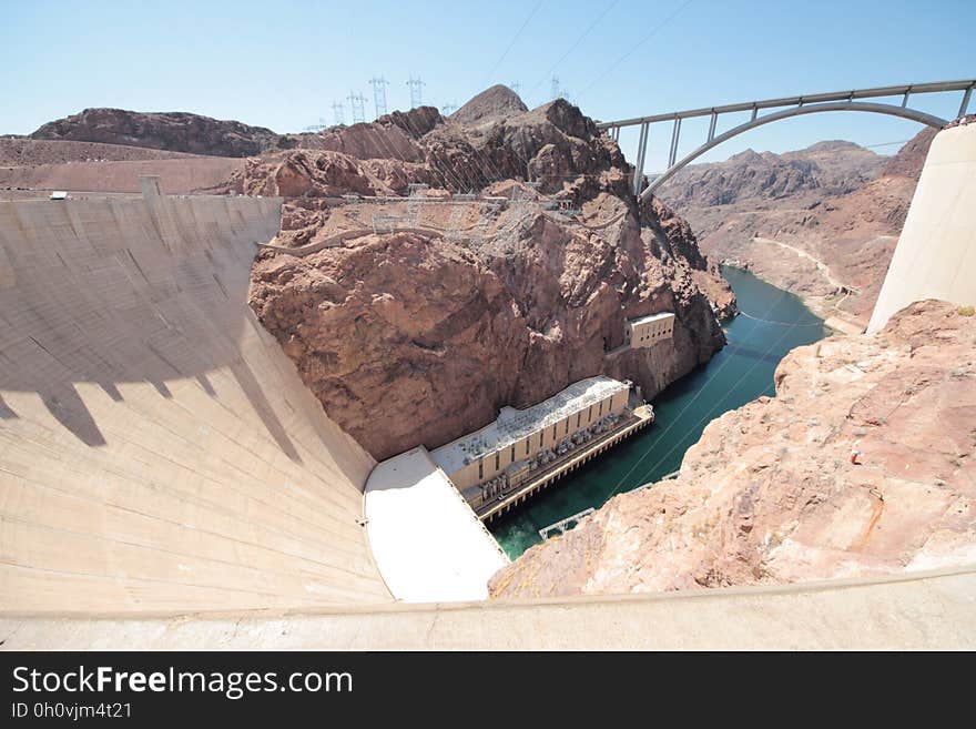 The Hoover Dam and Mike O'Callaghan–Pat Tillman Memorial Bridge over the Colorado River between the states of Arizona and Nevada.