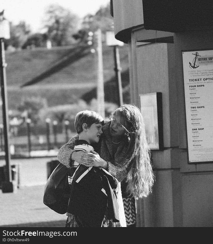 Woman Holding Boy Gray Scale Shot