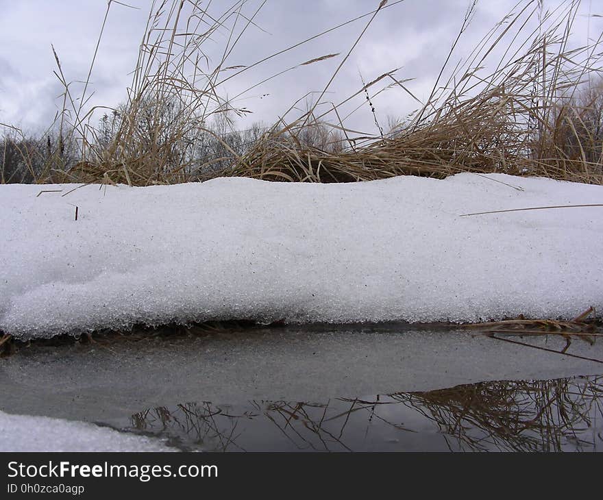 Thawed puddle under the snow