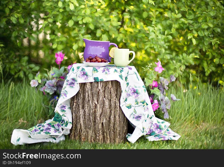 A table made of an old log set up in the garden. A table made of an old log set up in the garden.