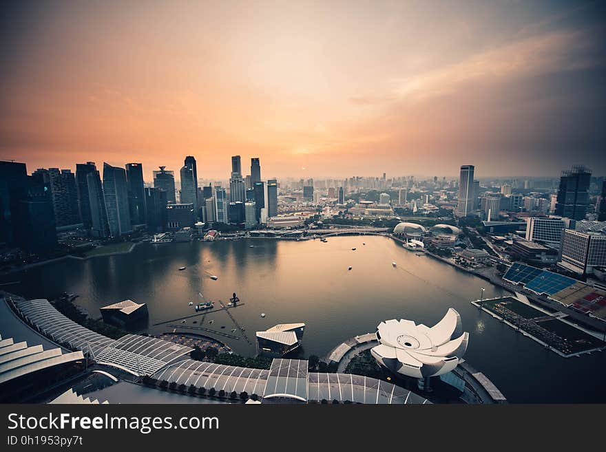 A panoramic view of Singapore waterfront at sunset.