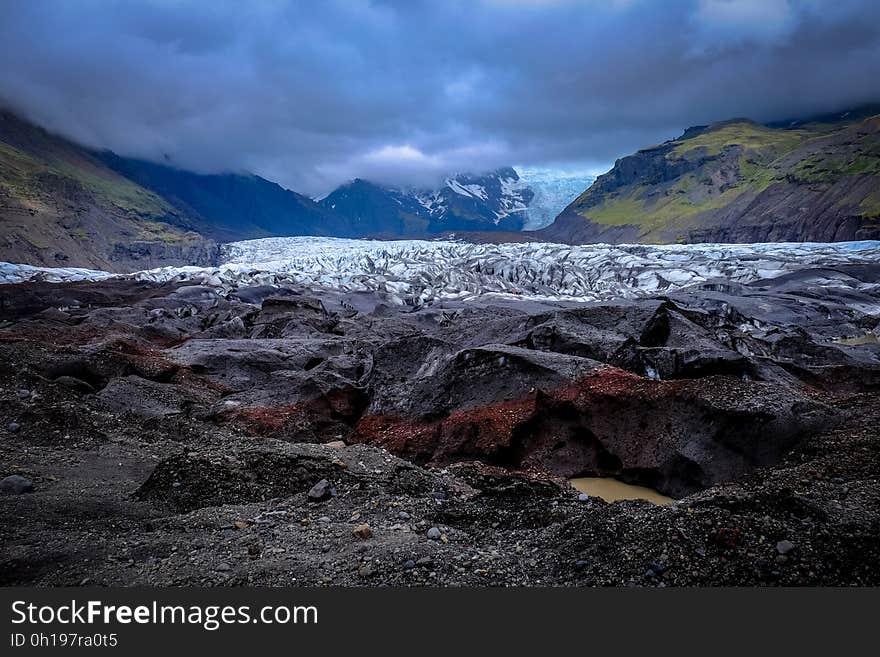 A sheet of glacial ice in a valley. A sheet of glacial ice in a valley.