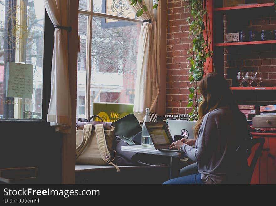 A woman working with a laptop in a cafe. A woman working with a laptop in a cafe.