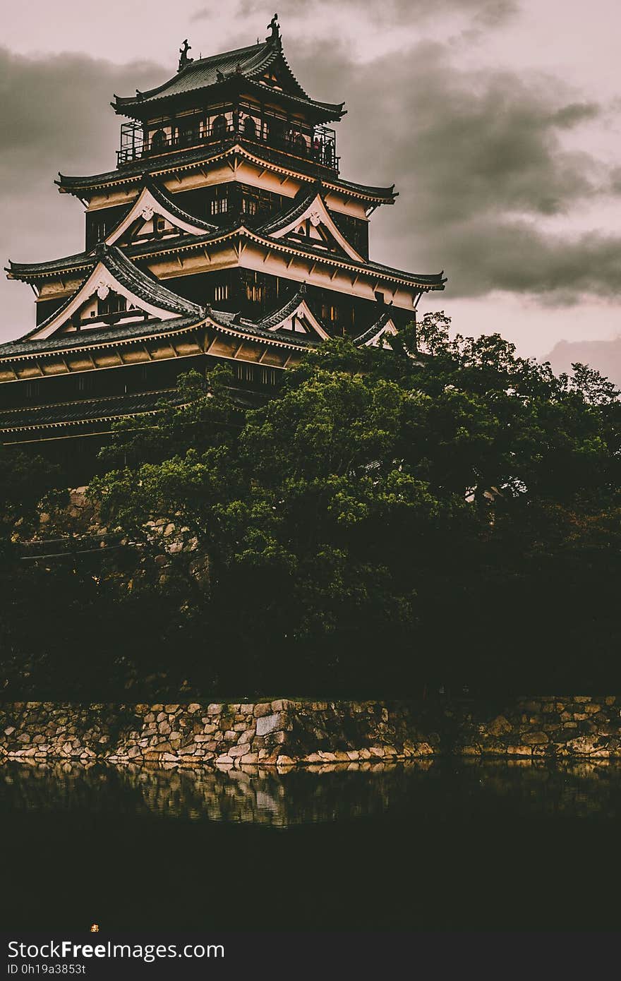 A Japanese castle on a gloomy day.