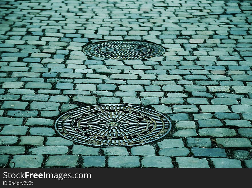 Cobblestone, Road Surface, Pattern, Manhole