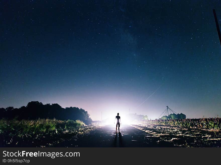 Man Standing on the Road Near Green Grass during Sunrise