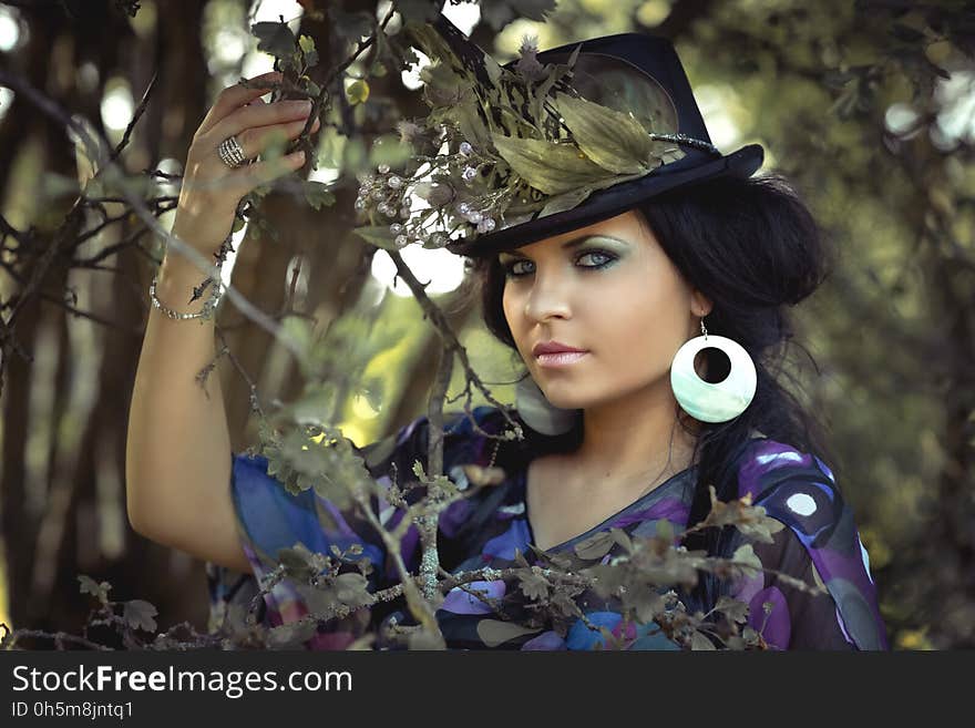 Beauty, Girl, Black Hair, Tree