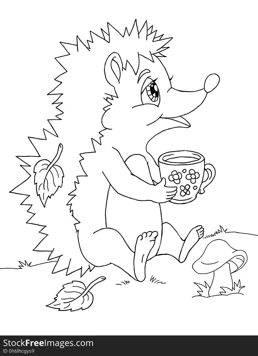 Coloring book page with funny cartoon hedgehog