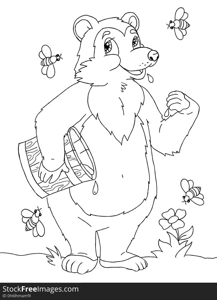 Coloring book page with big bear eating honey. Coloring book page with big bear eating honey