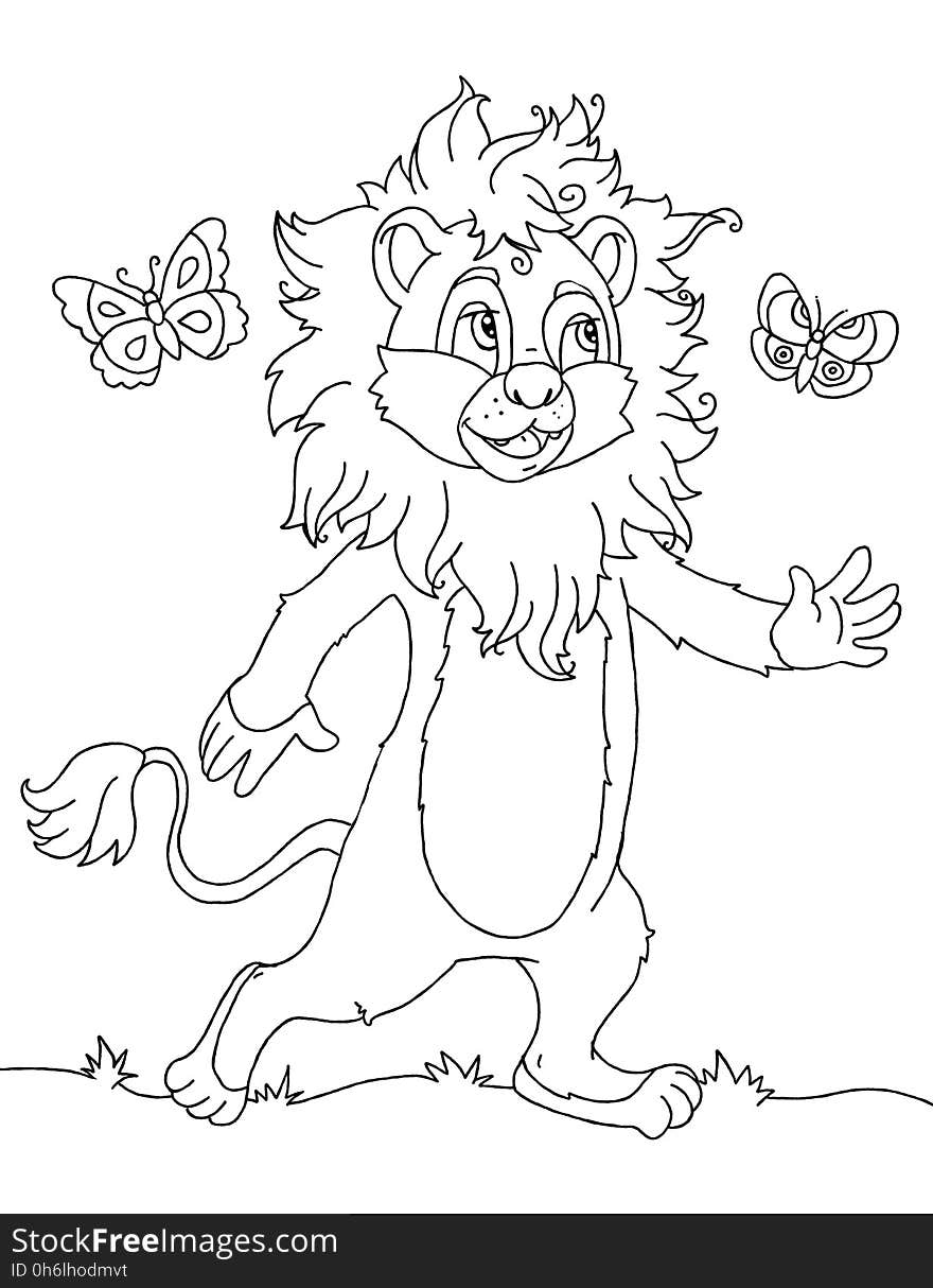 Coloring book page with cartoon lion playing with butterfly. Coloring book page with cartoon lion playing with butterfly