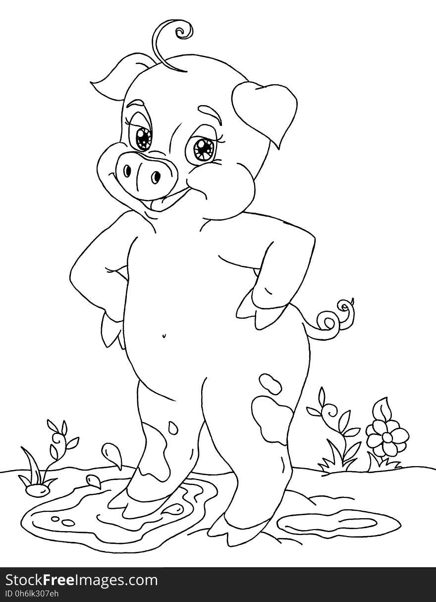 Coloring book page with funny cartoon pig. Coloring book page with funny cartoon pig