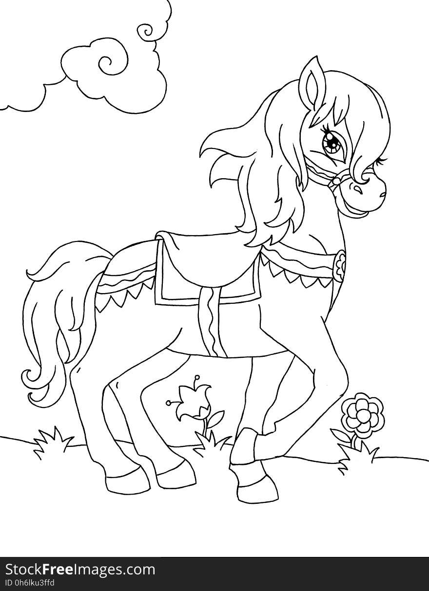 Coloring book page with pony. Coloring book page with pony