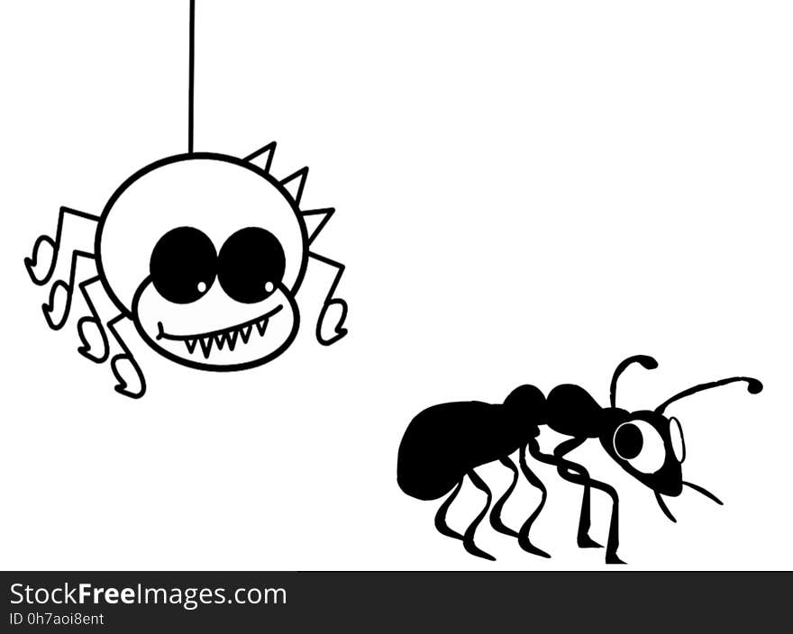 Spider scrolling down harassing an ant. Black and white illustration