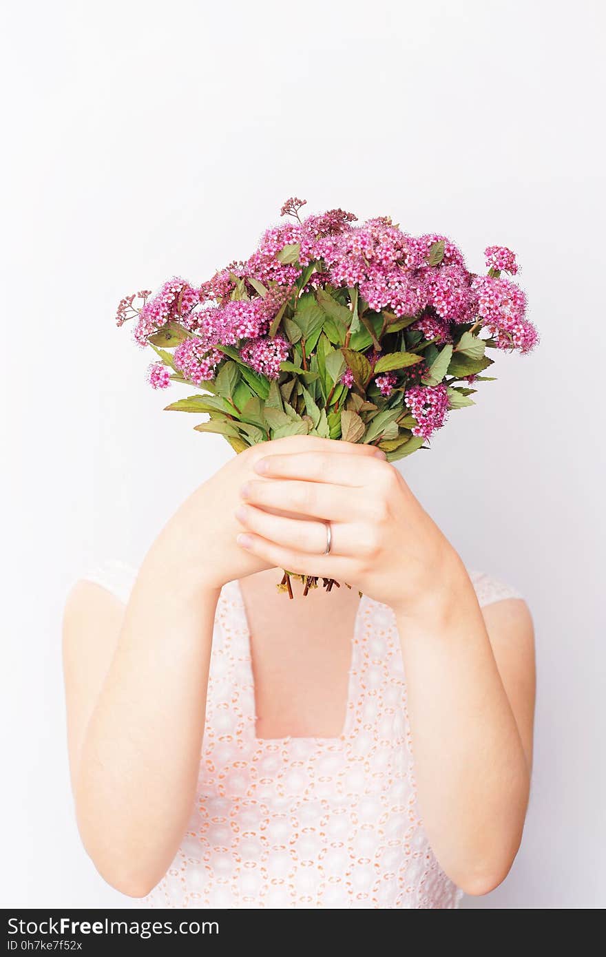Girl with bunch of pink field flowers on the white background.