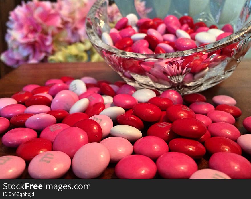 Pink M&ms on Table