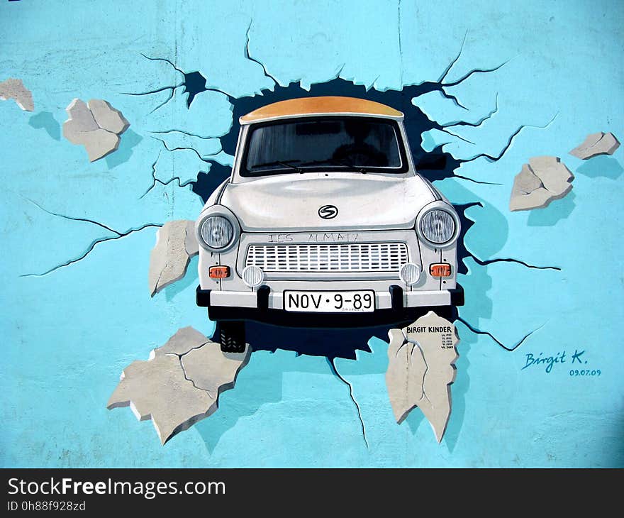 White Car Crash in Blue Wall Signature Painting