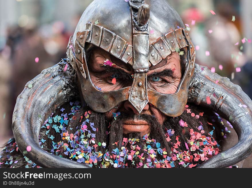 Man Wearing Viking Helmet Focus Photography