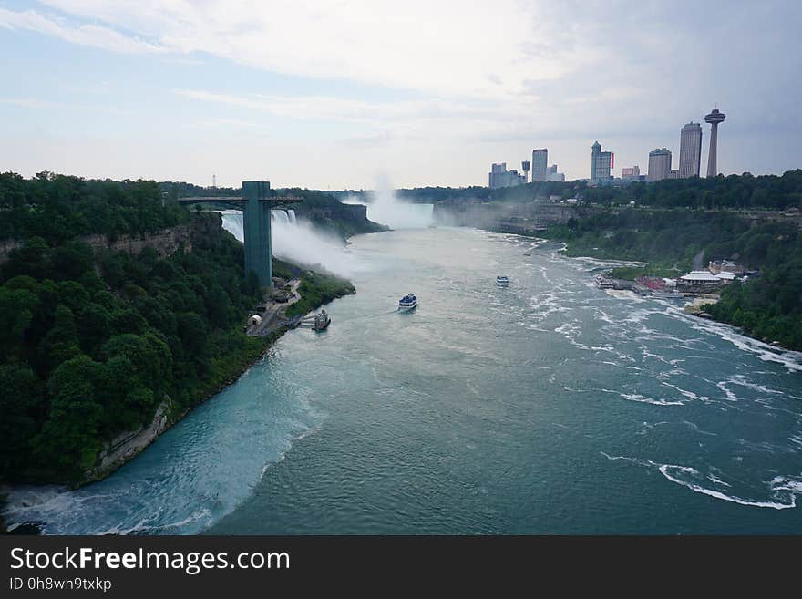 View of Niagara falls with the city of Toronto in the background.