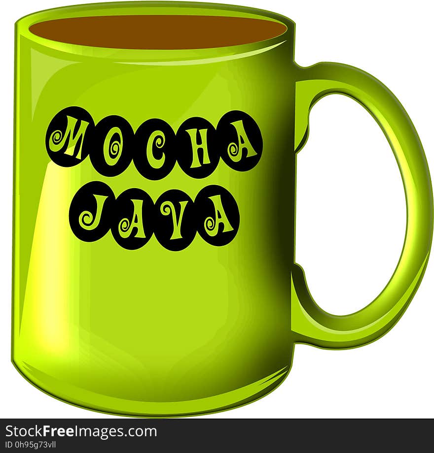 Mug, Green, Yellow, Text