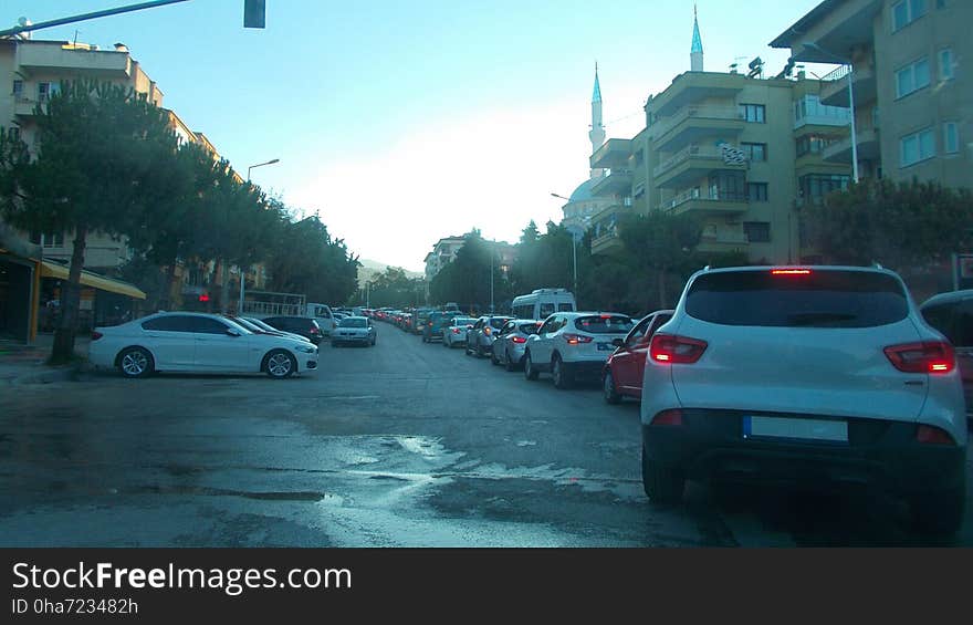 A long traffic jam view from a road on Denizli in Turkey.