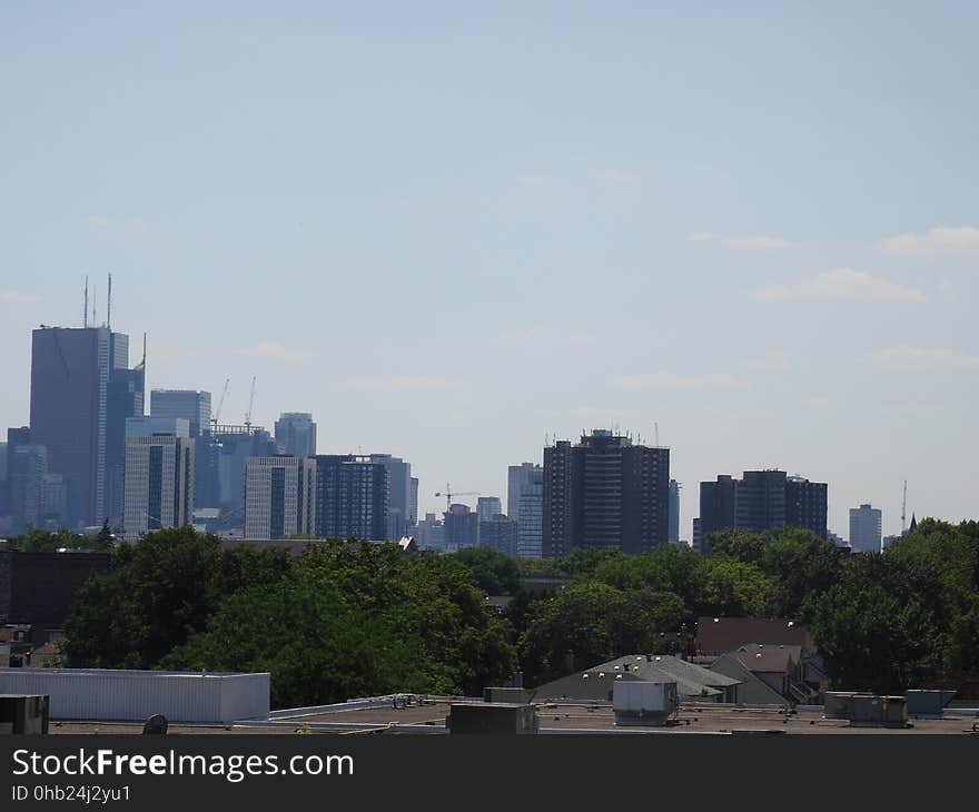 Details of distant downtown Toronto, from the Pape footbridge, over the railway tracks, 2016 06 1 &#x28;3&#x29;