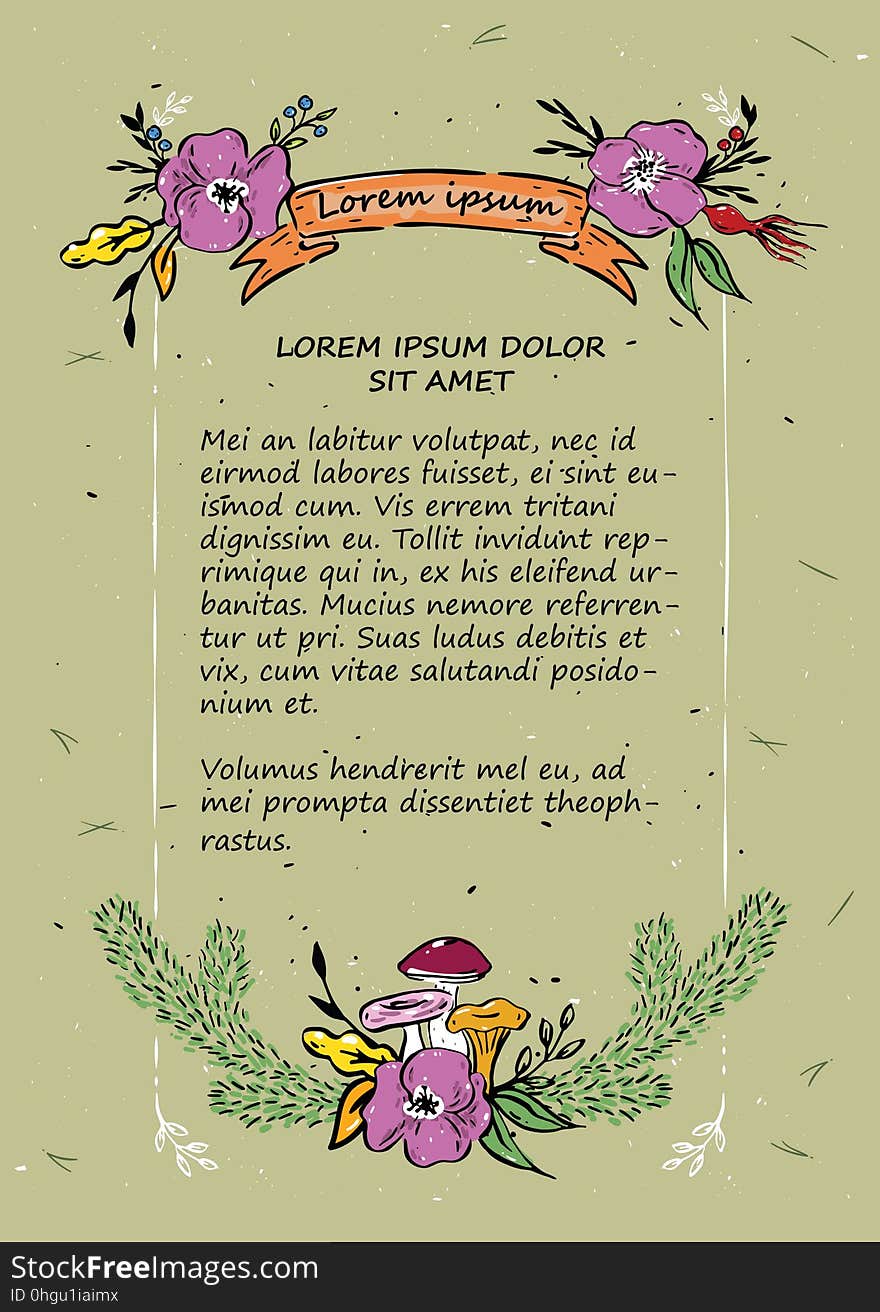 Invitation template, hand-painted, forest theme, mushrooms, berries and flowers. Invitation template, hand-painted, forest theme, mushrooms, berries and flowers.