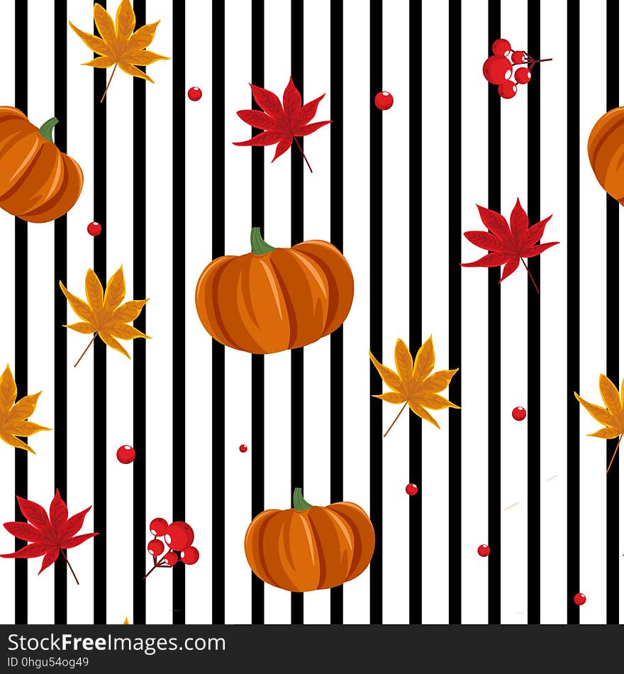 Seamless autumn pattern with pumpkin, leaves