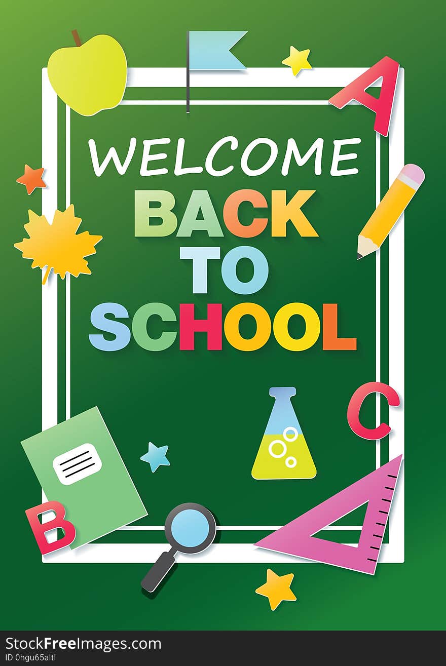 `Back to school` flat paper graphics banner in a cage background.