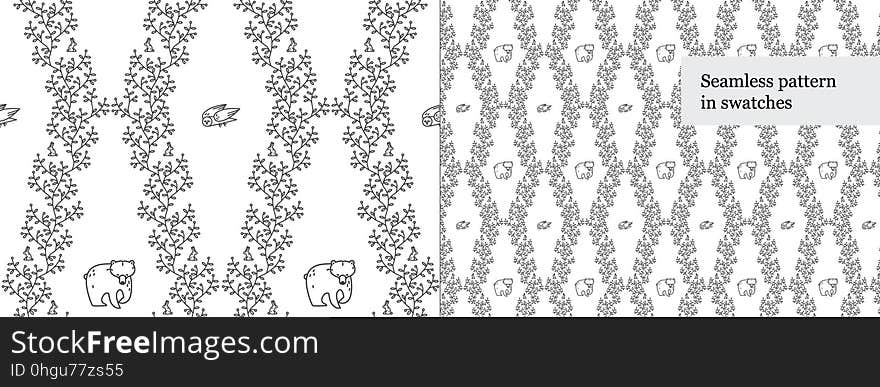 Seamless black-and-white rhomboid pattern with forest animals: an owl, bear, hares.