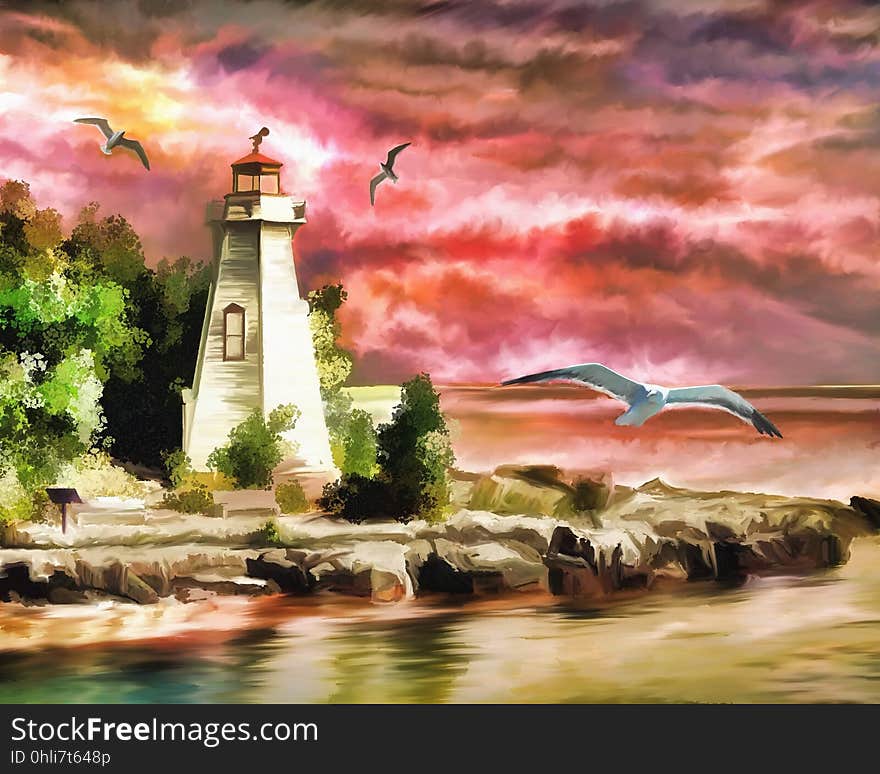 Painting, Sky, Lighthouse, Tower