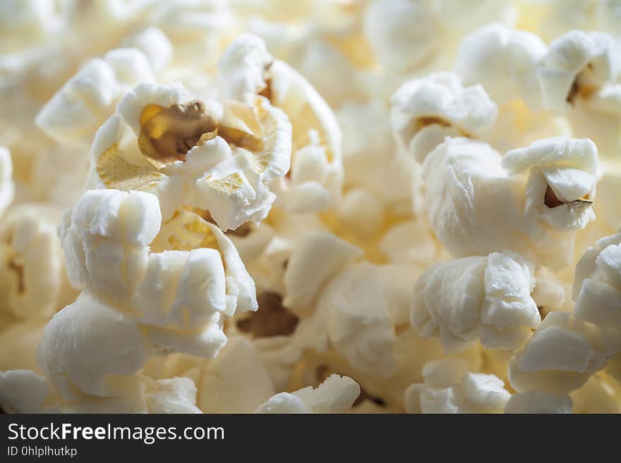 Closeup view on popcorn, unhealthy snack, corn, macro