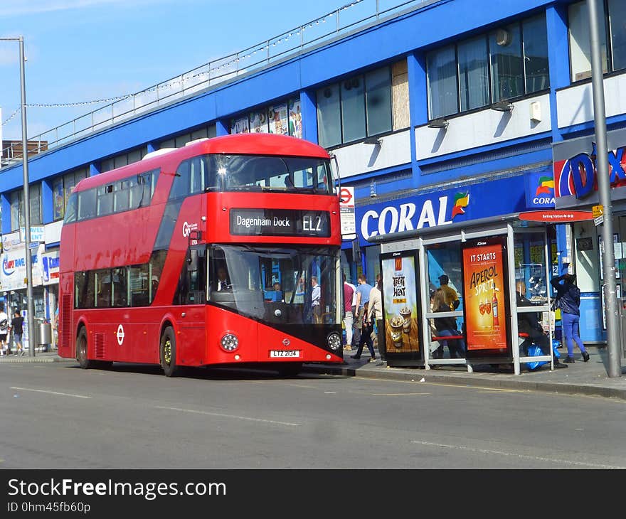 New Routemaster bus on the East London Transit bus route No.EL2 in Barking town centre. New Routemaster bus on the East London Transit bus route No.EL2 in Barking town centre.