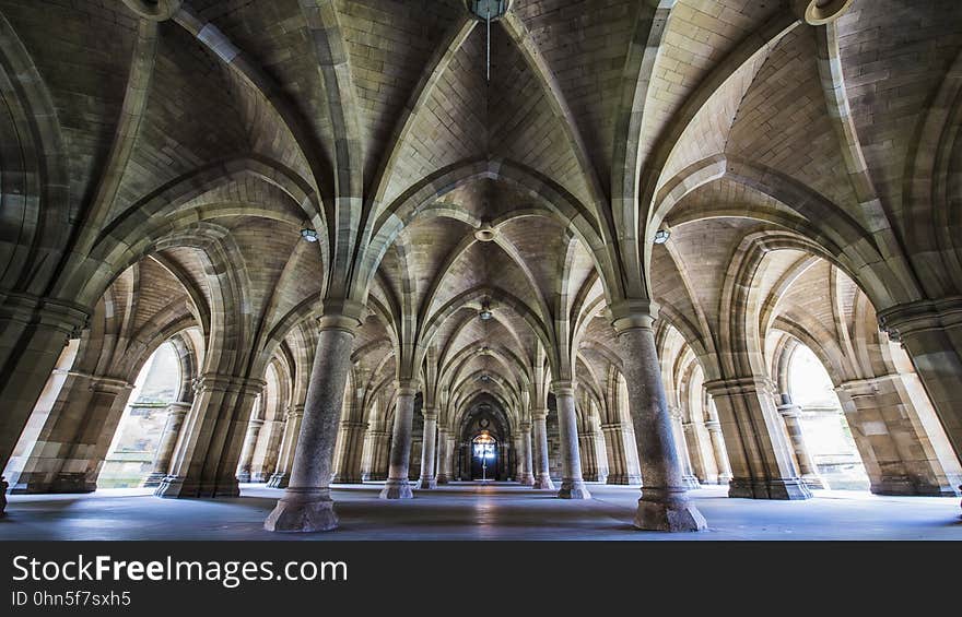 Vaults and pylons at the University of Glasgow cloisters.