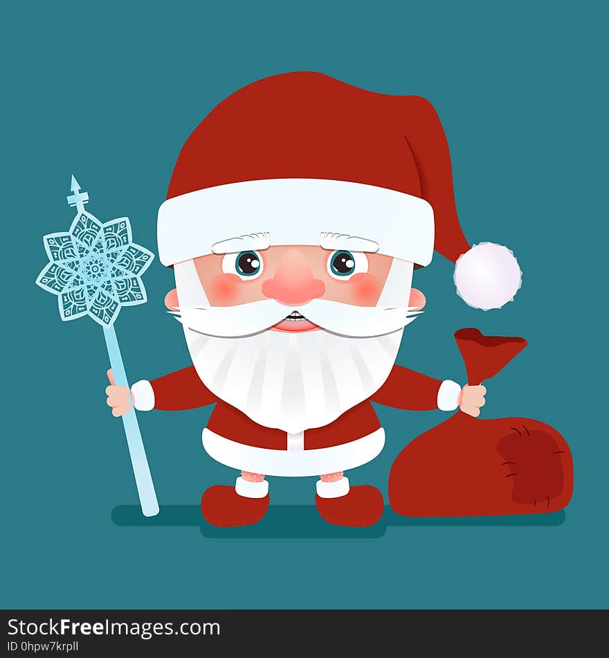 Santa Claus with a bag and crook stick. Vector illustration