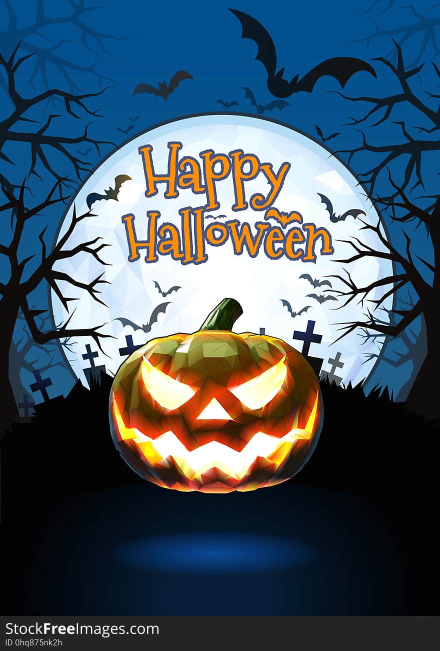 Jack o lantern glowing at foreground with cartoony style in the darkness graveyard background for halloween greeting on colorful artwork. Jack o lantern glowing at foreground with cartoony style in the darkness graveyard background for halloween greeting on colorful artwork