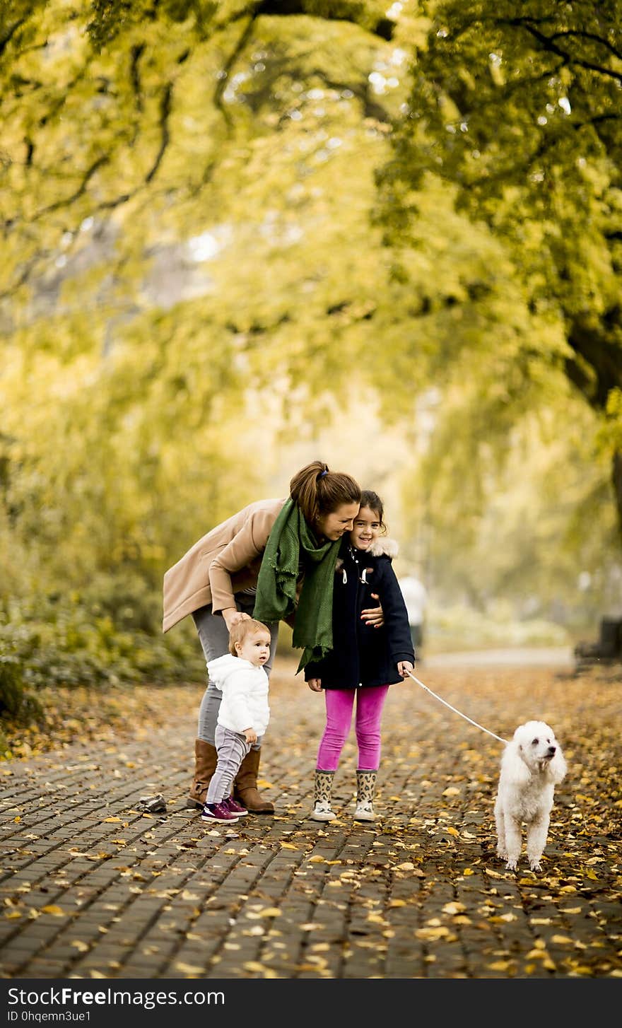 Mother and two girls walking with dog in the autumn park