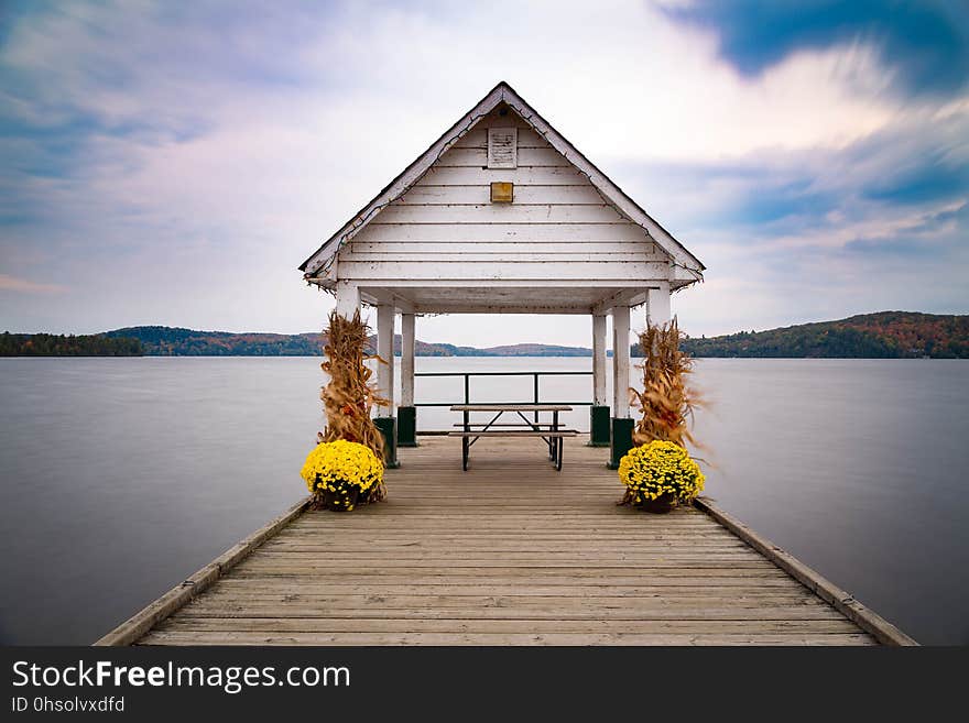 A hut on the beach in fall in Muskoka Lake area Canada