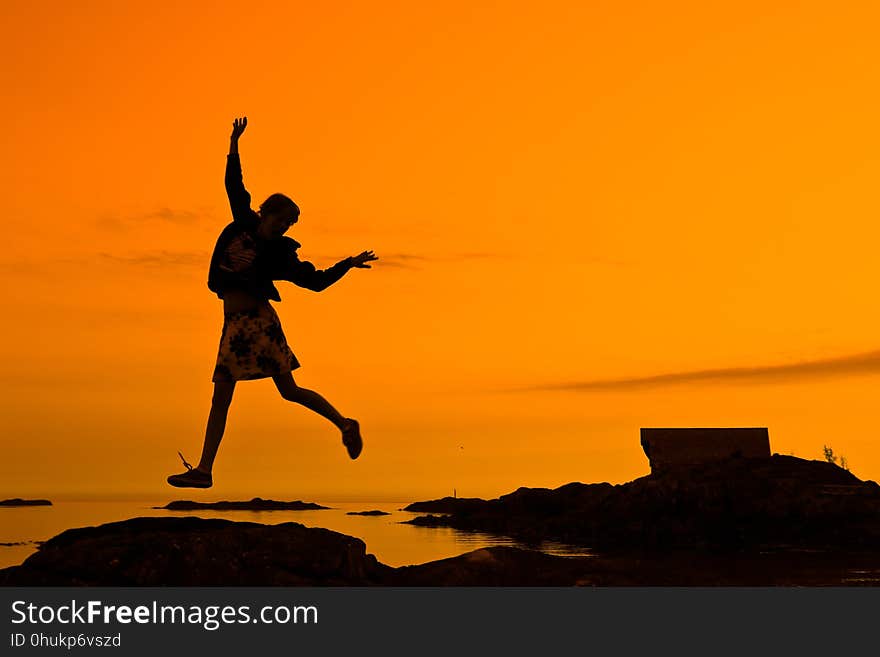 Sky, Silhouette, Jumping, Sunset