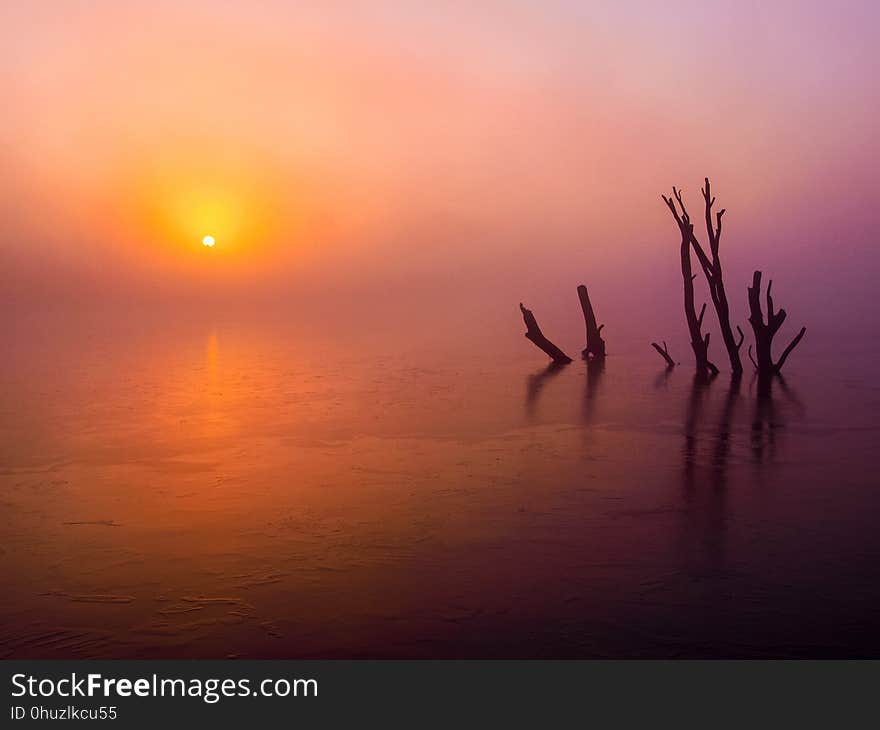 Calm, Sunrise, Afterglow, Sea